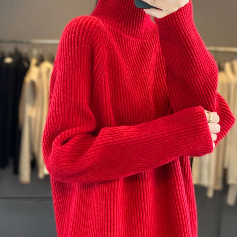 2024 Latest popular Ankela Red Retro Cashmere Pullover Woman Wool Sweater High collar&O-Neck thickening Warm Loose Clothing Tops