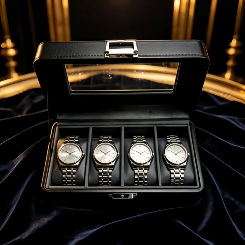 4 Slot Watch Organizer Box + Self-Closing Storage Pouch 2Pcs Set, Portable Leather Watch Display Case for Home Travel