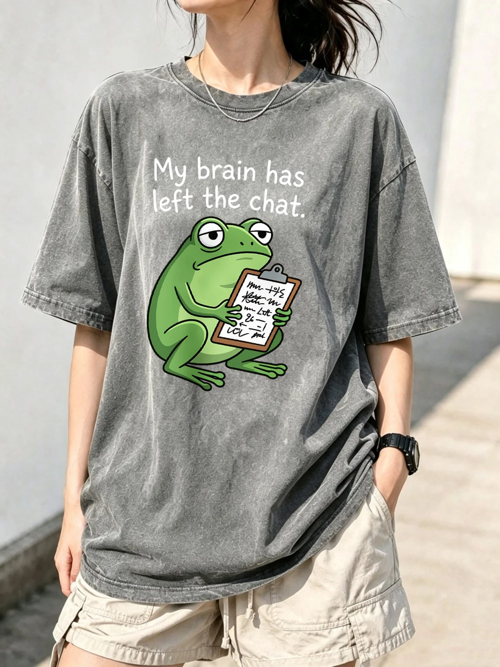 Funny Tired Frog With Notepad Printed Washed T-Shirt Women Oversized Cotton T Shirt Casual O-Neck Distressed Tops Summer Clothes
