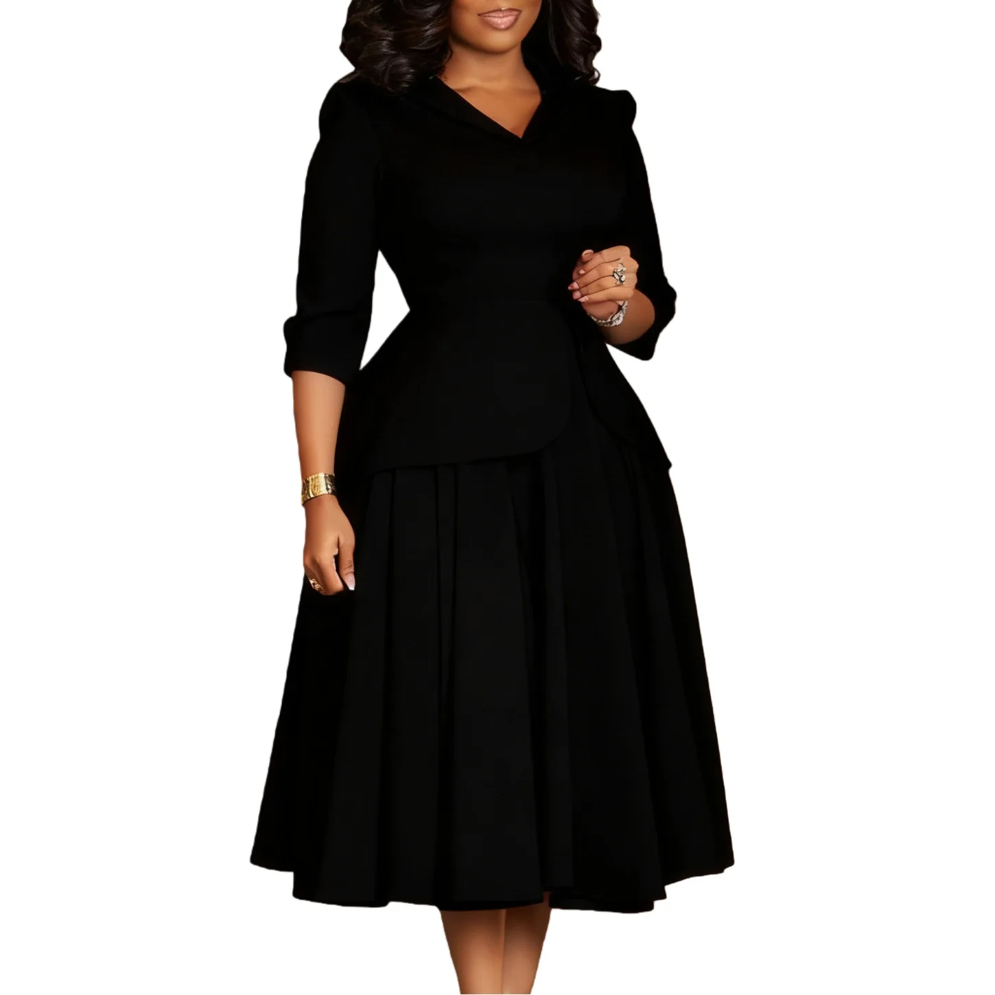 

Африканские платья Dashiki для женщин, элегантное африканское платье из полиэстера с рукавами 3/4, v-образным вырезом, однотонное платье миди Анкара, африканская одежда 2026