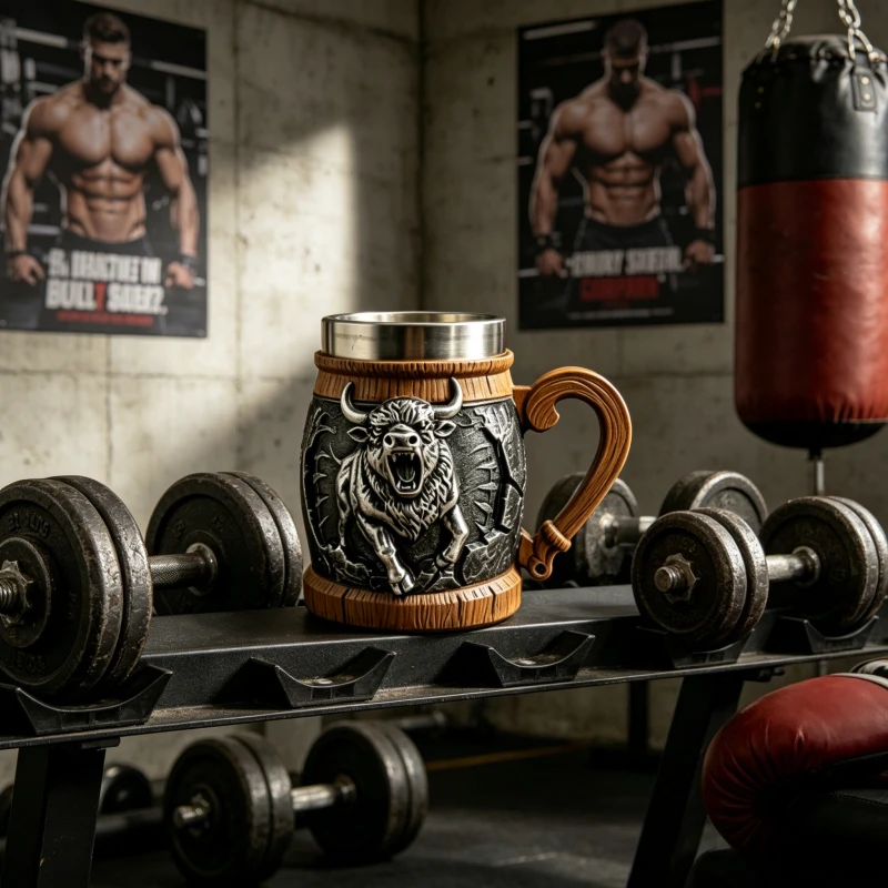 Vintage 3D Bison Embossed Beer Tankard Resin Barrel Mug Stainless Steel Liner Western Wildlife Beer Cup Gym Man Cave Decor