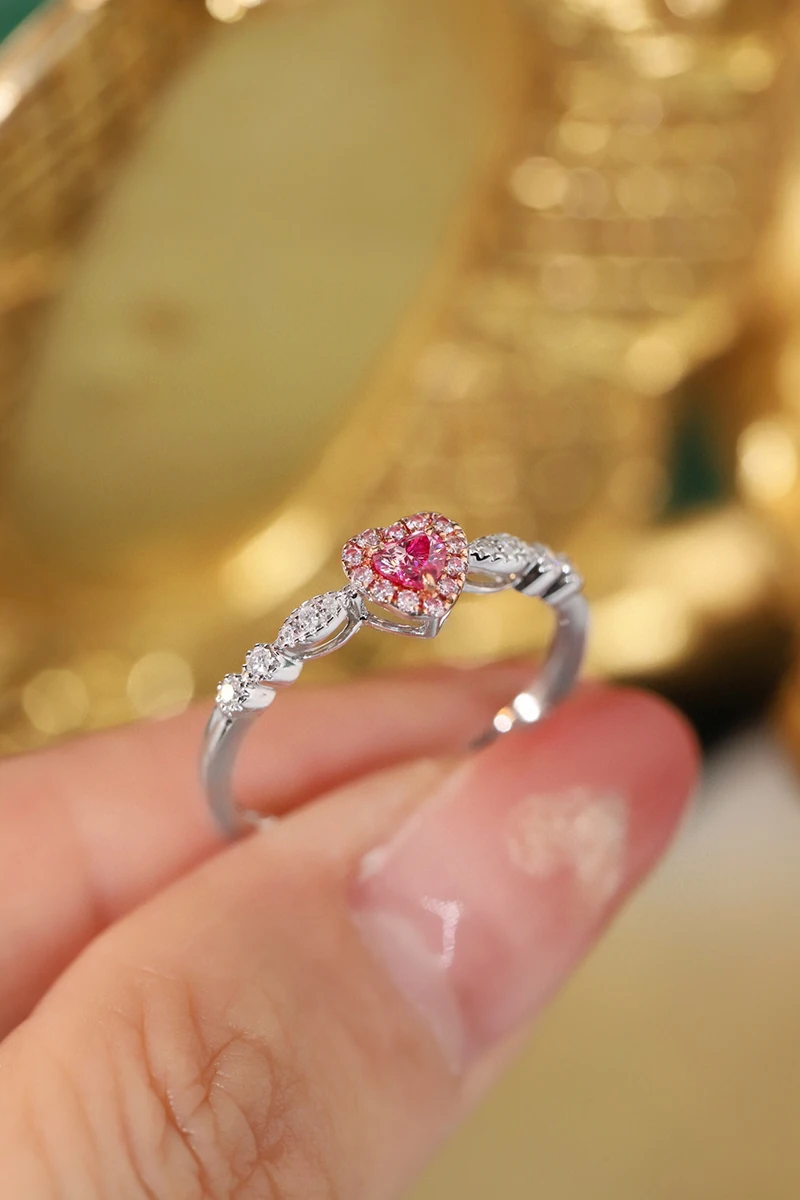 LUOWEND 100% 18K White Gold Rings Romantic Heart Design Real Natural Pink Diamond Engagement Ring for Women High Wedding Jewelry