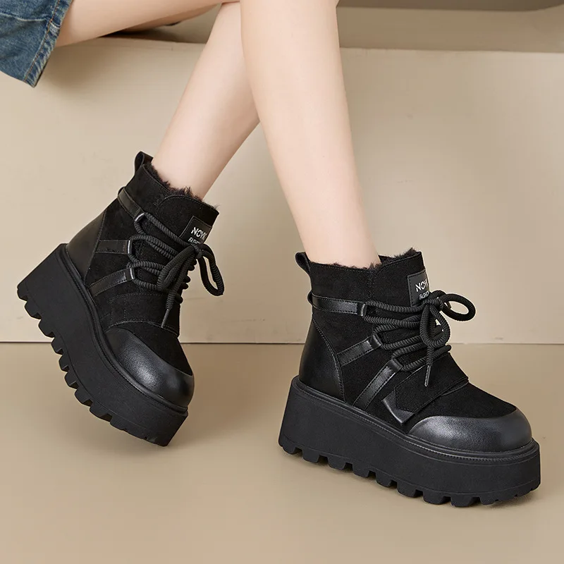 Fujin 7cm Retro cow Genuine Leather Ankle Mid Calf Motorcycle Booties Woman Ladies Lace Up Platform Wedge Autumn British Shoes
