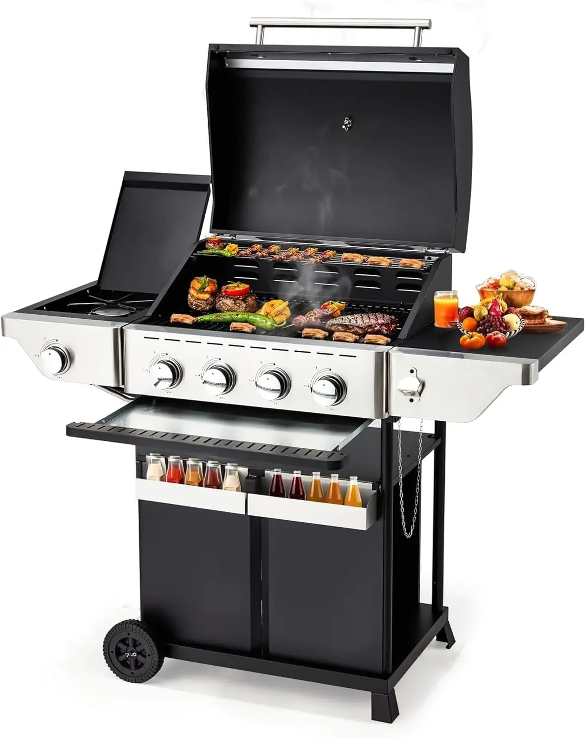 4-Burner Gas BBQ Grill w/Removable Storage Boxes & Side Burner,42,000 BTU Stainless Steel Grill Barbecue Outdoor