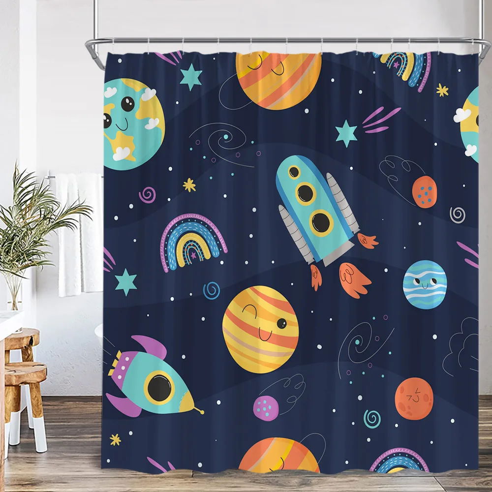 Cartoon Planet Shower Curtain Earth Cosmos UFO Rocket Scientist Fun Bathroom Decor Child Polyester Fabric Bath Curtain with Hook