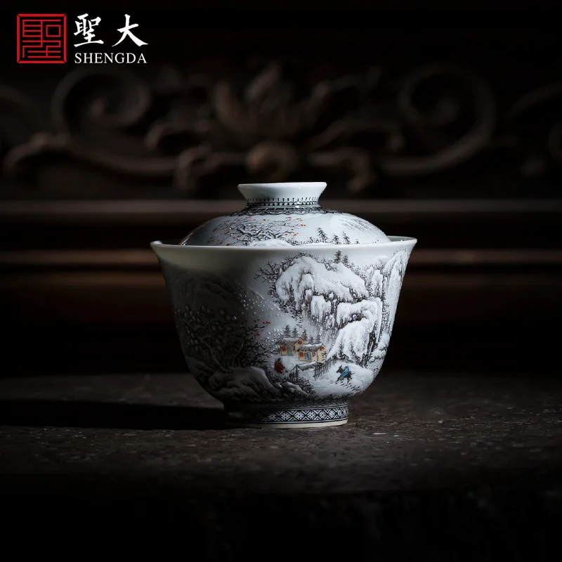 |bowl hand-painted ink color pile white auspicious snow rich year uncovered bowl all hand-made Jingdezhen tea set