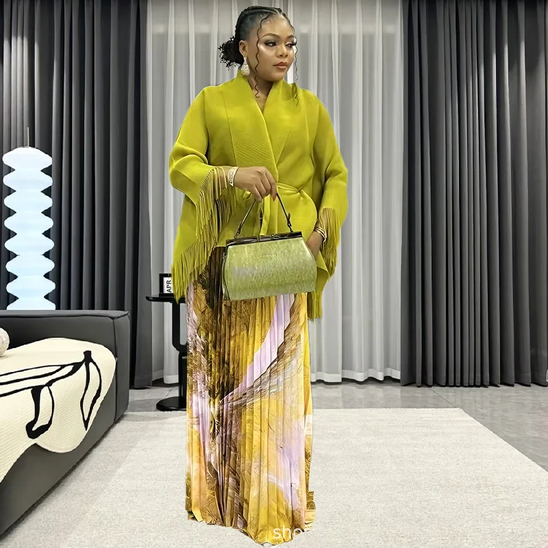 

Miyake Pleated Plus Size Skirt Set 2025 New Loose Bat Sleeve Top Half Skirt Printed Fashion Two-piece Set Women Clothing