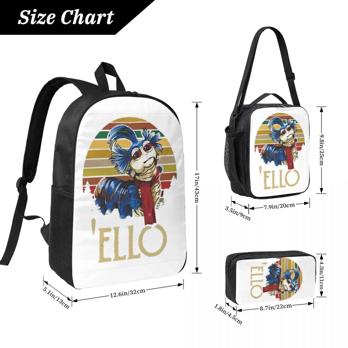 Labyrinth The Worm Ello Cult Labyrinth Vintage Retro Backpack Boys Girls BookBag School Bag 3ps Insulated Lunch Bag Pencil Case