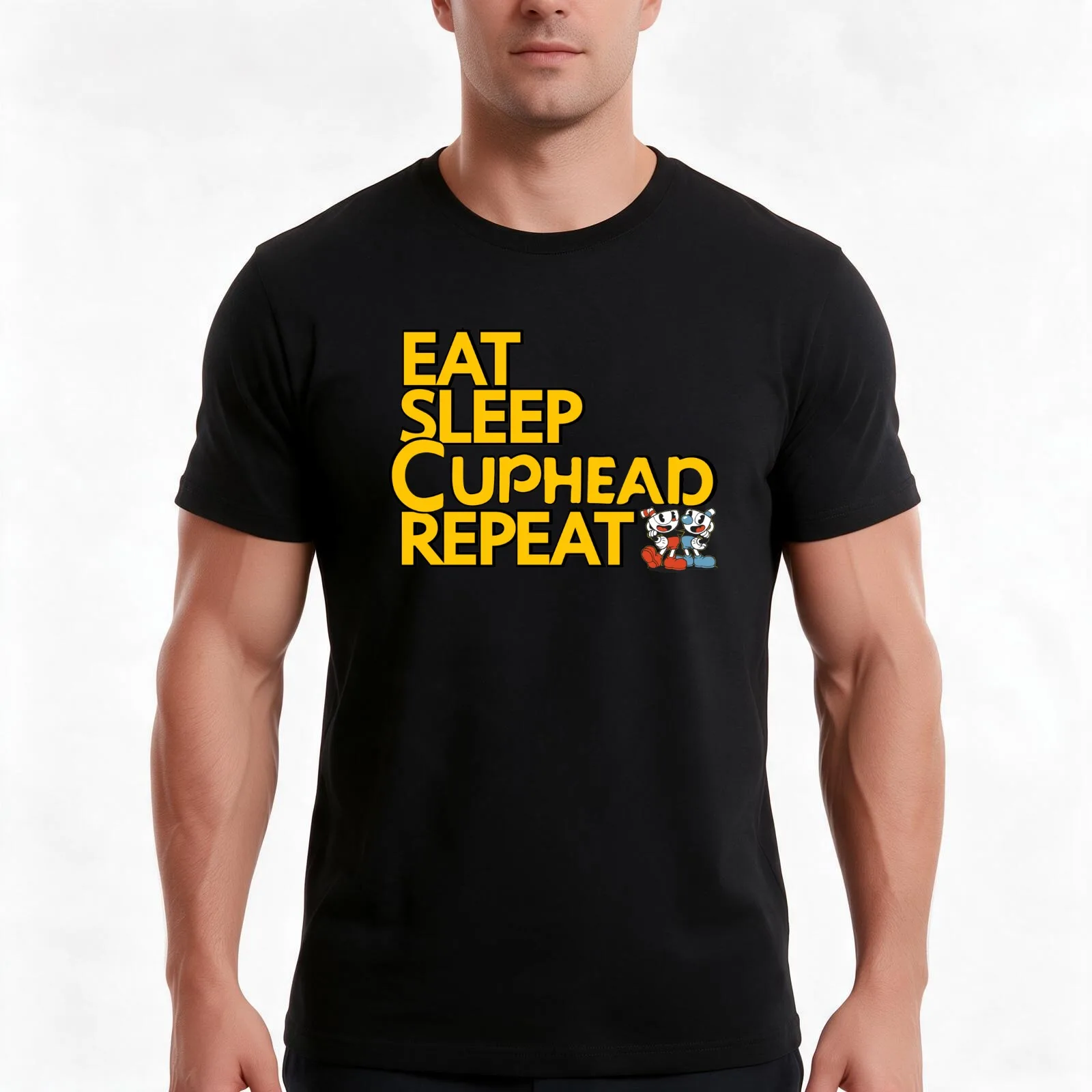 CUPHEAD TSHIRT / EAT SLEEP CUPHEAD REPEAT T-Shirt, Summer Casual Cotton Tee, Oversized Streetwear Tops, Vintage Graphic Print