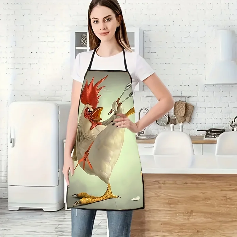 Colorful Rooster Print Apron - Durable Polyester, Sleeveless Design For Cooking & Cleaning