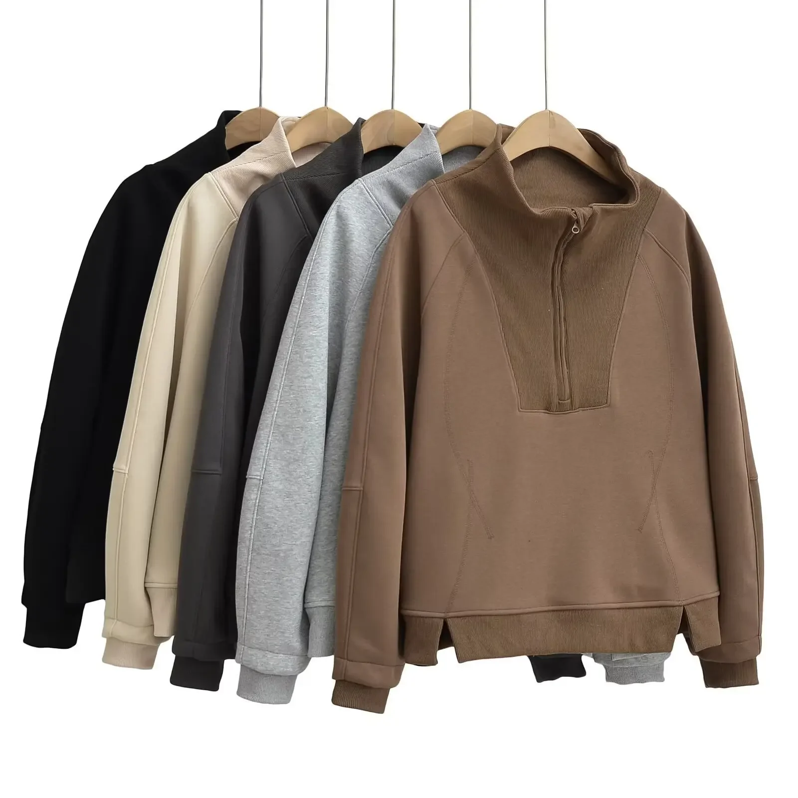 لولو نمط ربيع الخريف الوقوف الياقة نصف البريدي فضفاض المرأة عارضة رياضي المرقعة البلوز ملابس خارجية عصرية #1