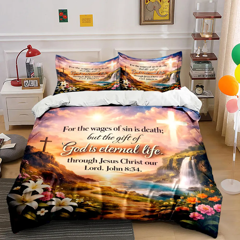 Beautiful cross and natural scenery Duvet Cover Set with 3D Printing Design Soft Polyester Bedding Set All-Season Comfort