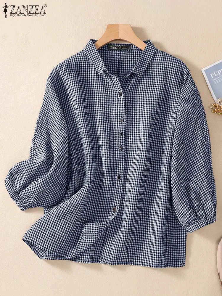 2024 ZANZEA Summer Blouse Women Fashion 3/4 Sleeve Checked Shirt Elegant OL Work Tops Female Tunic Chemise Casual Holiday Blusas