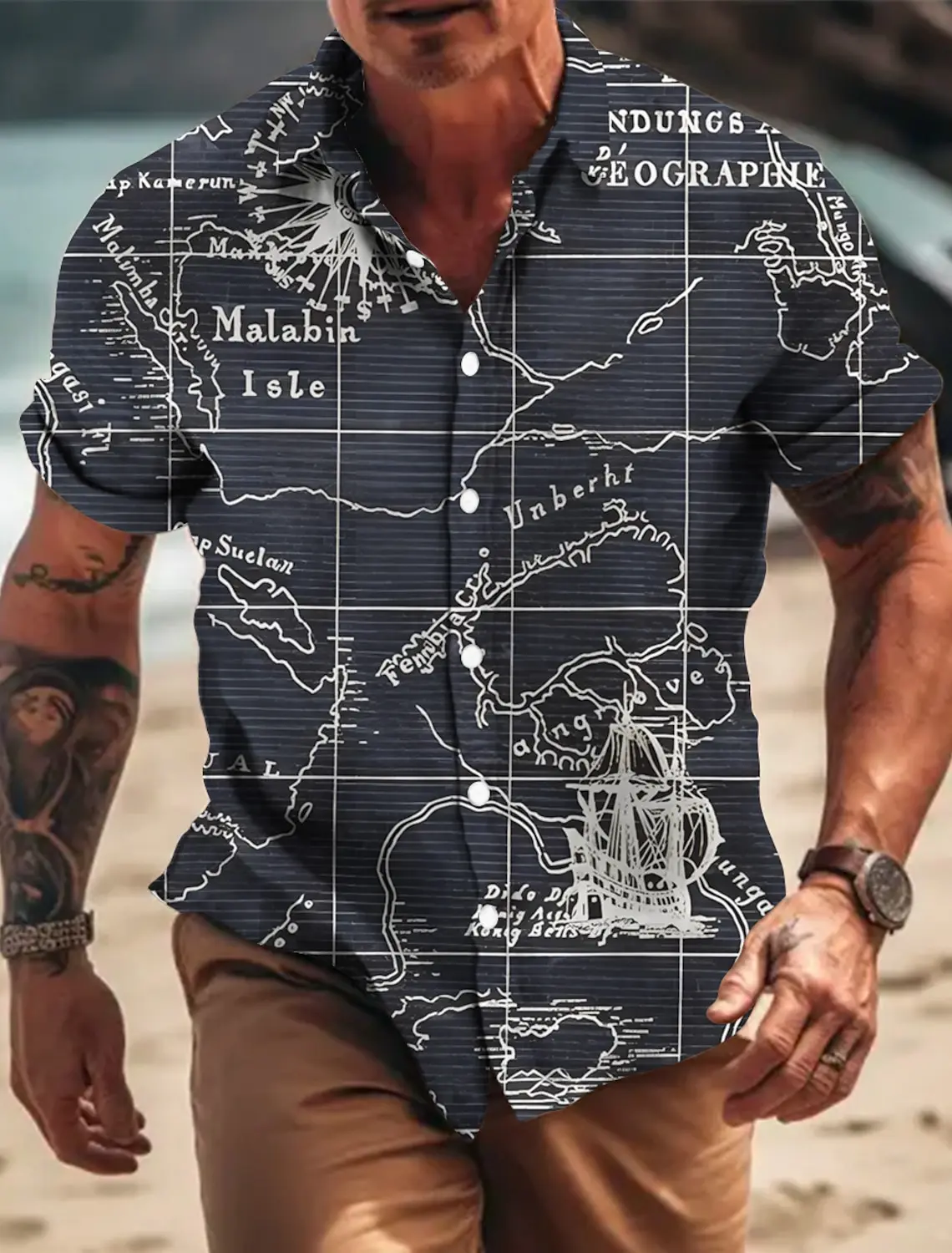 Camisa estampada de manga corta para hombre, ropa de moda con ancla Vintage, brújula, velero, gira, calle al aire libre