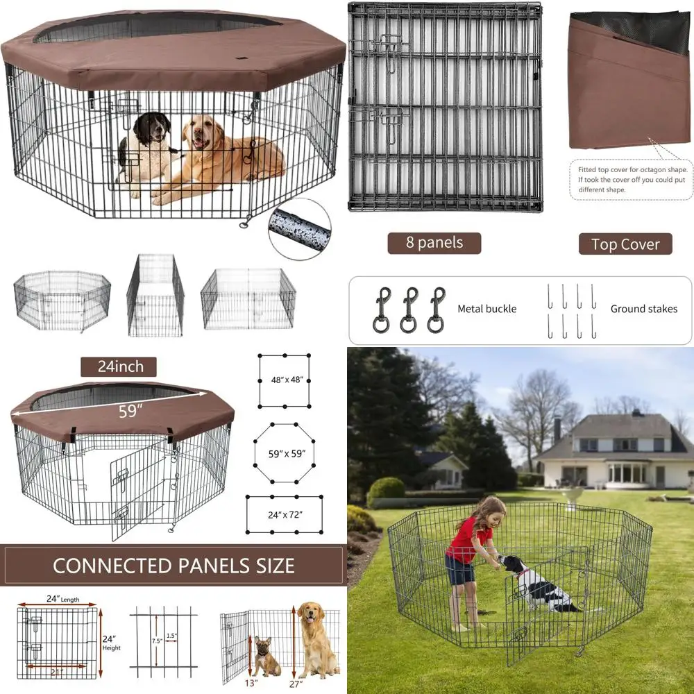 

Металлический вольер для собак с 8 панелями, высотой 24 дюйма, с верхним покрытием и нижней подкладкой, подходит для использования на улице и в помещении, коричневый