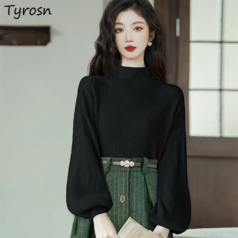 

Mock Neck Solid Women Pullovers Slim Elegant Simple Basic Tops Lantern Sleeve Office Lady All-match Autumn Females Sweaters