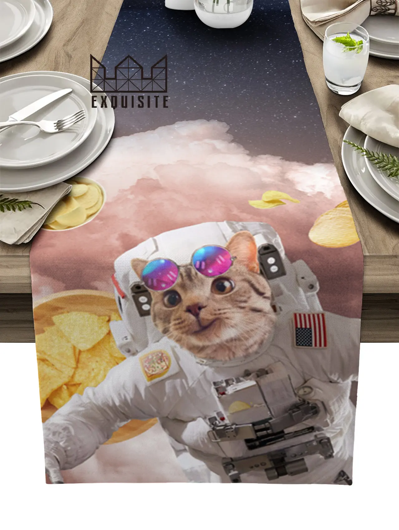 Cat Astronaut Potato Chips Table Runner Decoration Home Decor Dinner Table Decoration Table Runners Tassel