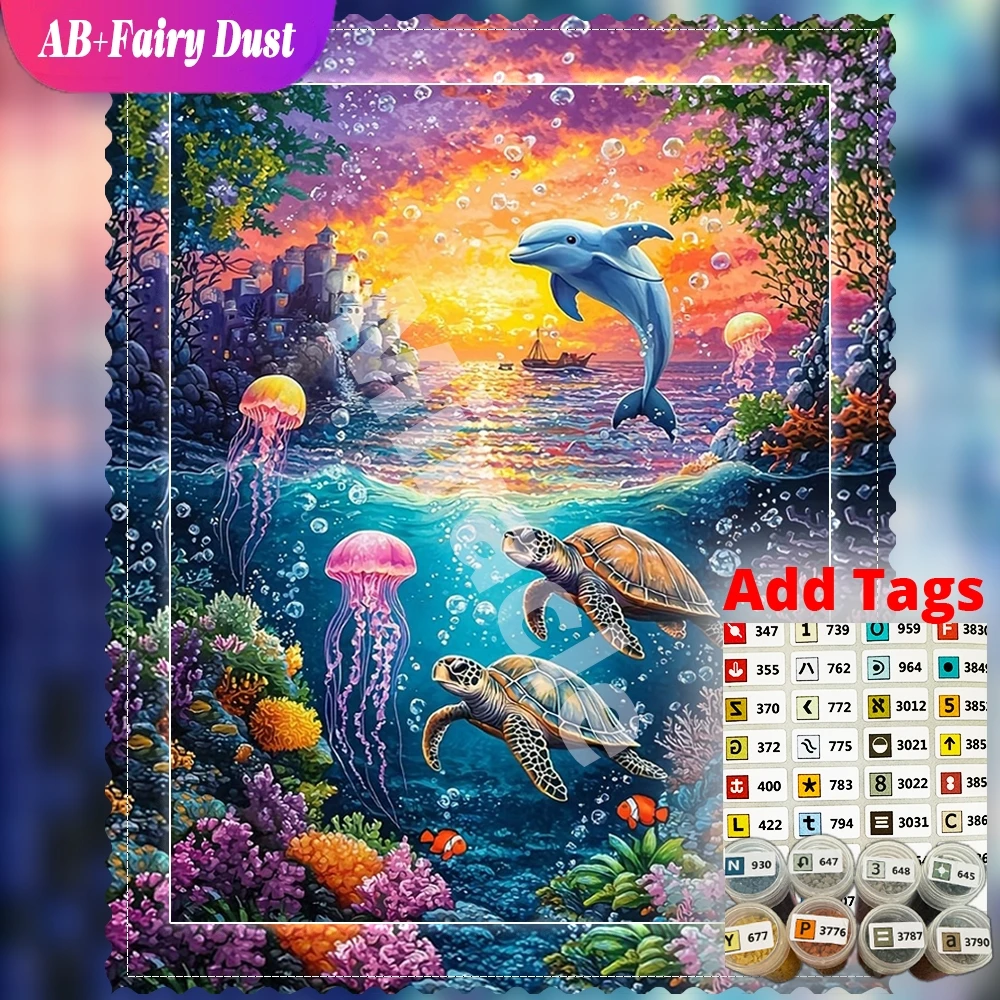 Fantasy underwater coral dolphin Ocean AB Fairy Dust Diamond Mosaic Full Square Round Painting Home Decor