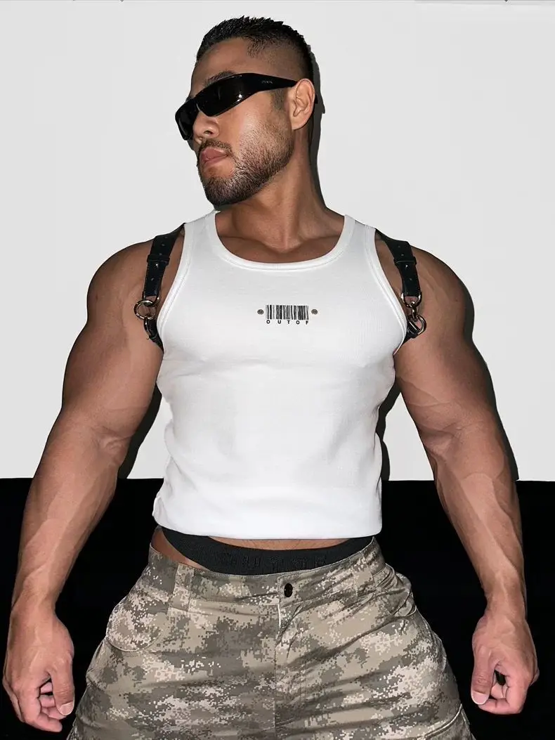 2025 Summer Men's Slim Fit Ice Silk Tank Top Fitness Casual Vest Logo Rivet Tight Body Sporty round Neck Tee for Teens