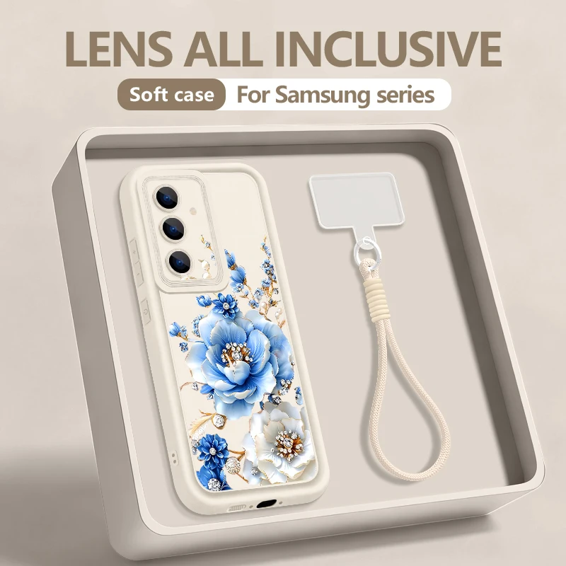Blue Flower Patterned Phone Case For Samsung Galaxy S26 S25 S24 Ultra S23 S25 FE A57 A27 A17 A56 A16 A55 A54 Wrist Lanyard Cover
