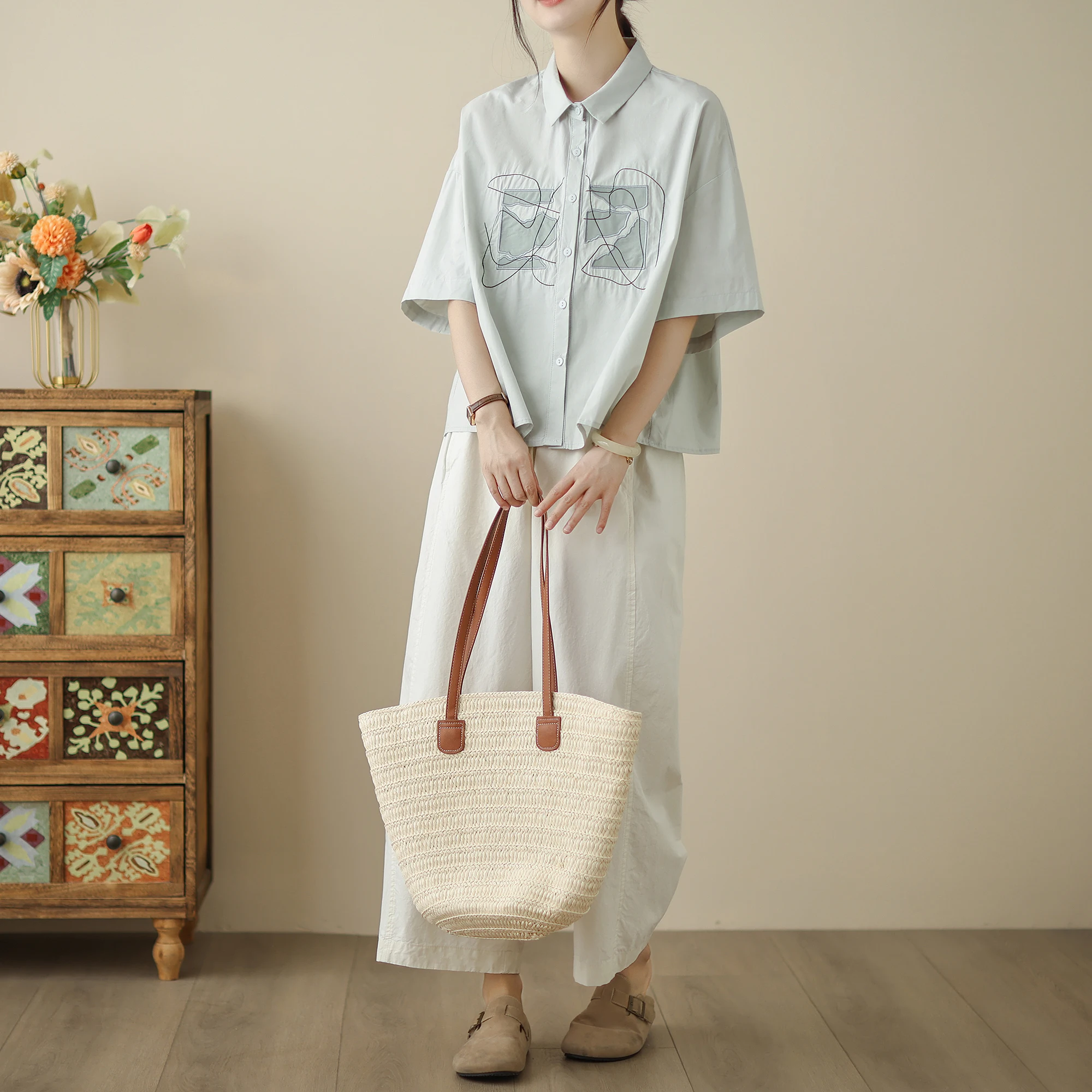 Korean Japanese Cotton Linen ort Sve Embroidered irt Youthful Design Summer Pure Cotton irt for plus Size Women