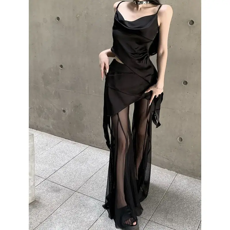 HOUZHOU Black See Through Mesh Flare Pants set pantaloni Sexy in pizzo da donna a gamba larga con Tank coreano Streetwear abito a due pezzi