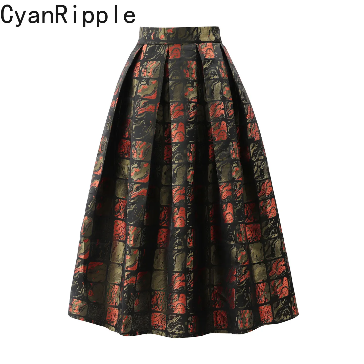 

High Quality Colorful Grid Jacquard Mid-long Pleated Skirt High Waist New Spring Autumn Elegant Women A-line Ball Gown Skirts