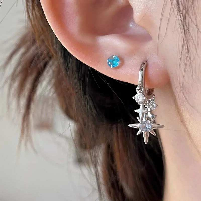 Y2K الأزرق الزركون ثمانية وأشار دلاية شكل نجمة أقراط للنساء فضية اللون ستار شرابة الأذن مشبك الحد الأدنى تصميم مجوهرات هدية #3