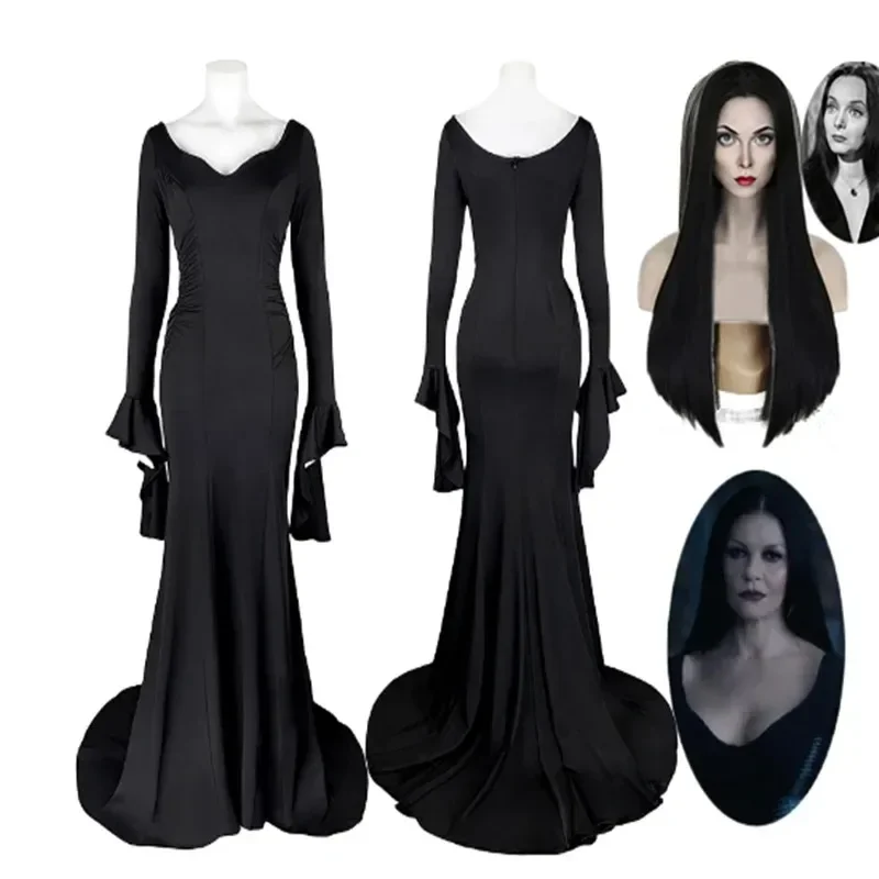 Womens Morticia Addams Dress Halloween Costumes for Women Adult Addams Family Costume Maxi Dress V-Neck Long Sleeve