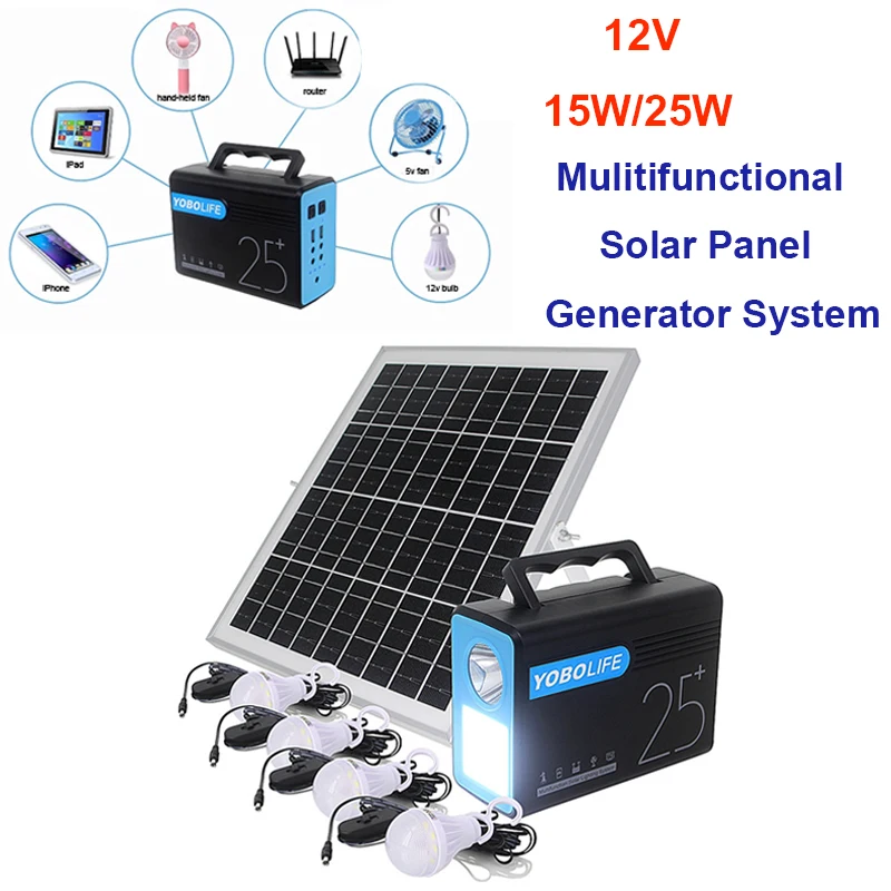 

12V 25W Solar Panel Power Storage Generator System Lighting USB Charging Home Outdoor Camping Solar Energy System