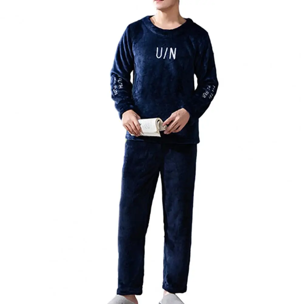 Plus Size Pajama Set Men\'s Winter Pajamas Set with Round Neck Long Sleeve Elastic Waist Soft Pockets Thick Warm for Men