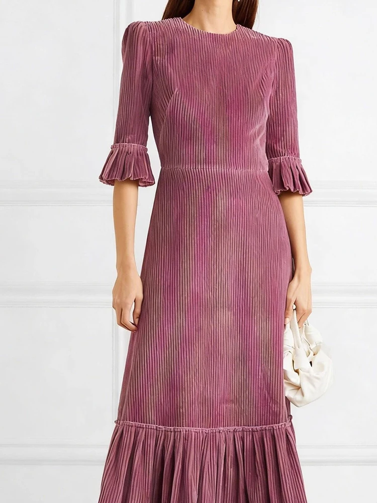 Spring New Women Simple Commute Maxi Dress Vintage Corduroy Solid Color Slim Dress Elegant Half Sleeve High Waist Pleated Dress