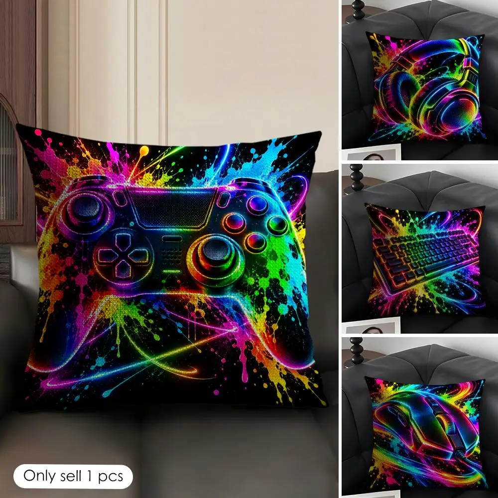 Game Headset Pattern Cushion Cover Skin-Friendly Organic Linen Pillow Cover Durable Hypoallergenic Washable Soft