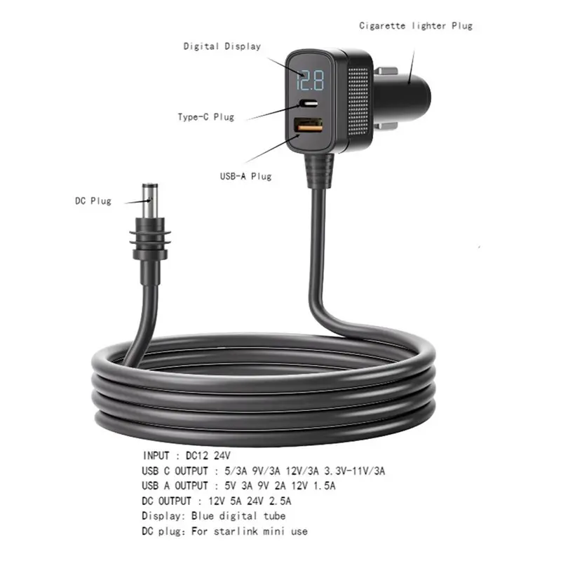 ABGI Power Cable 10FT for Starlink Mini 3-in-1 Car Adapter to DC 12-24V 36W USB-C PD with Real-Time Voltage Display