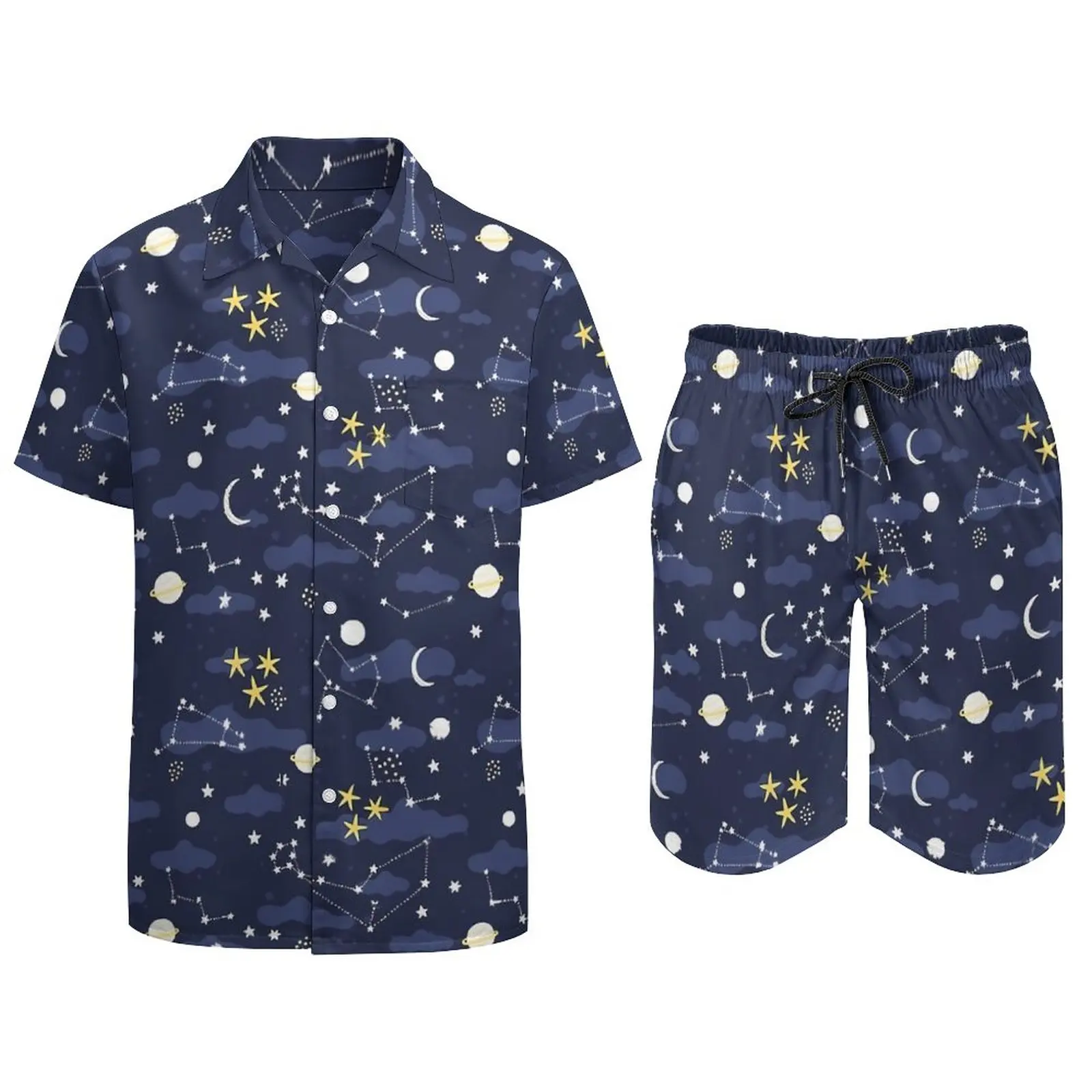 Galaxy astrologi Set pria bulan dan bintang kasual celana pendek musim panas Hawaii baju pantai Set lengan pendek grafis ukuran besar setelan hadiah