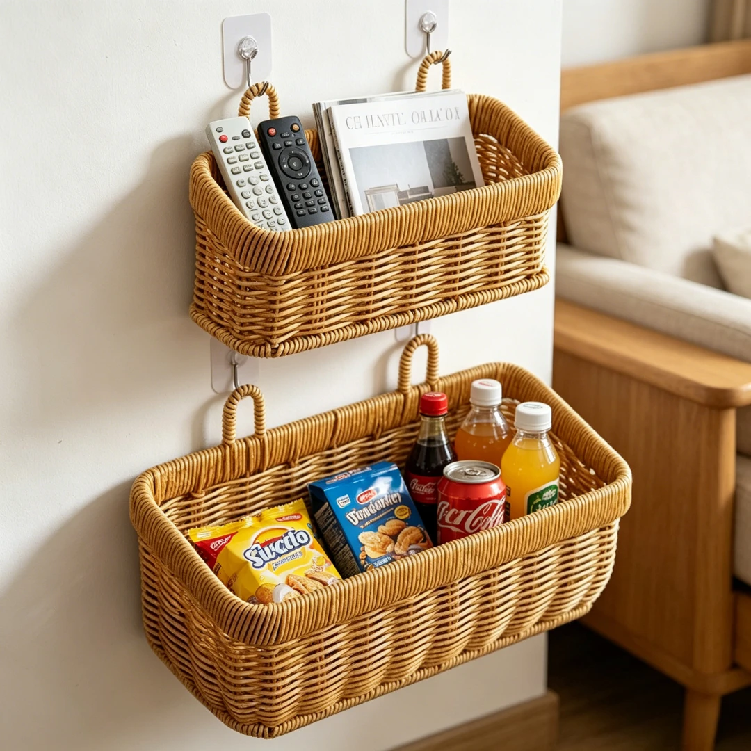 Wandhängende Geflochtene Aufbewahrungskörbe Set Rattan Hängeorganizer mit Haken 2 Größen Küchen-Vorratskorb für Wohndekoration