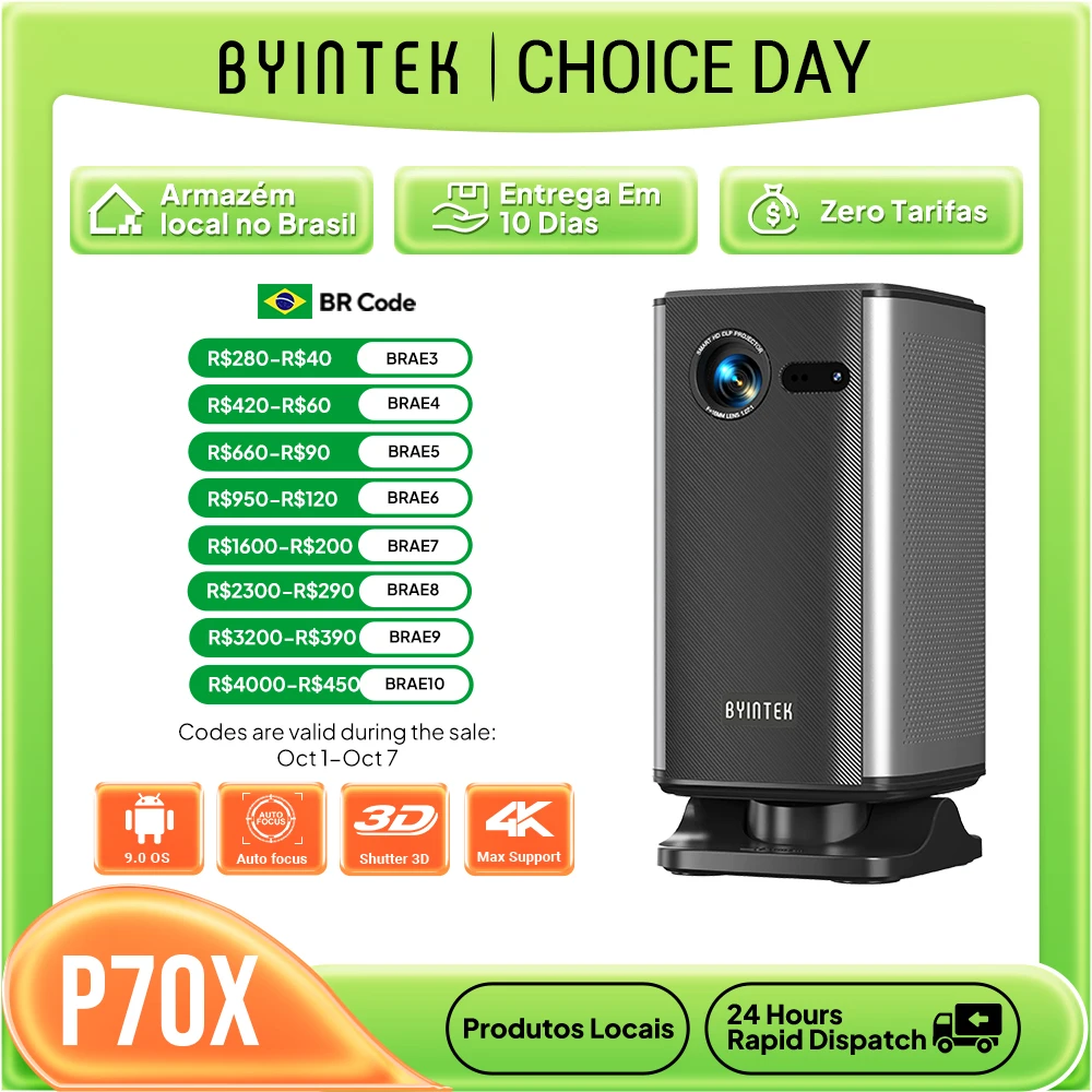 BYINTEK P70X Mini Projetor Portátil com Bateria Embutida 4K Suporte 3D Wifi para Filmes Ao Ar Livre Noite Projetores de Home Theater