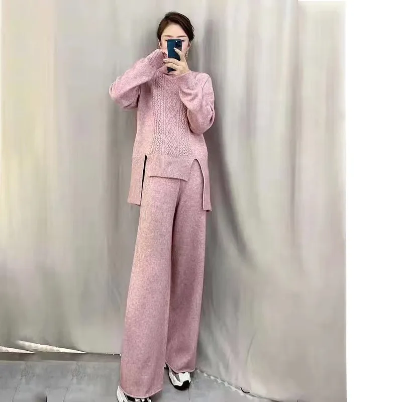 JY 2024 Autumn/Winter New Casual Lazy Style Fashion Versatile High Collar Knitted Sweater Wide Leg Pants Two Piece Set For Women