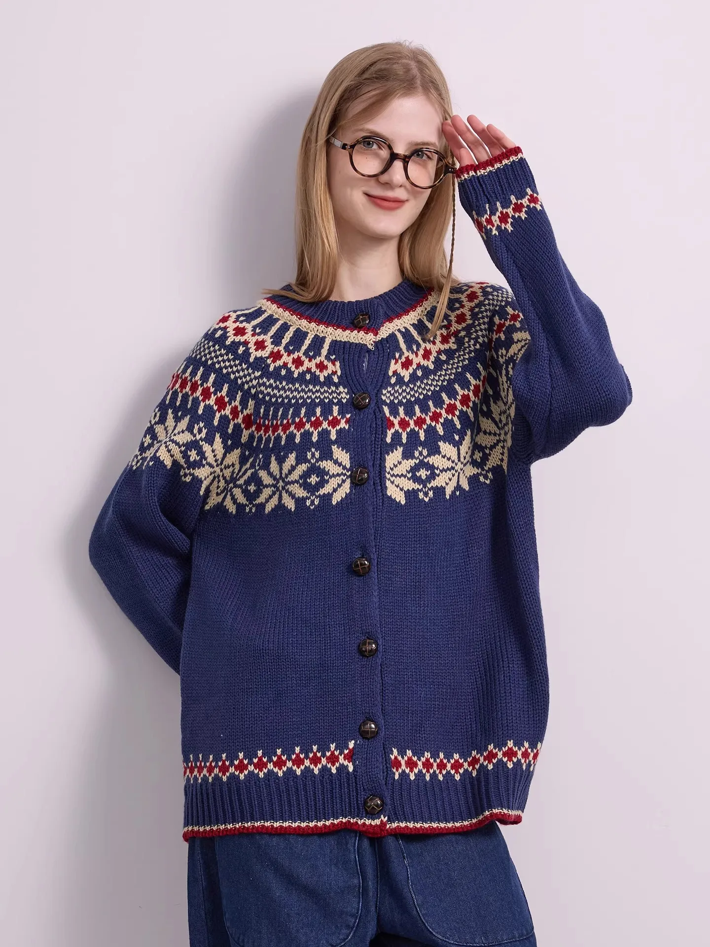 

Вязаный свитер Andma Sle Deep Sea Blue, винтажный шерстяной кардиган с цветочным узором, средний размер, антикварный стиль, длинный рукав, круглый вырез.