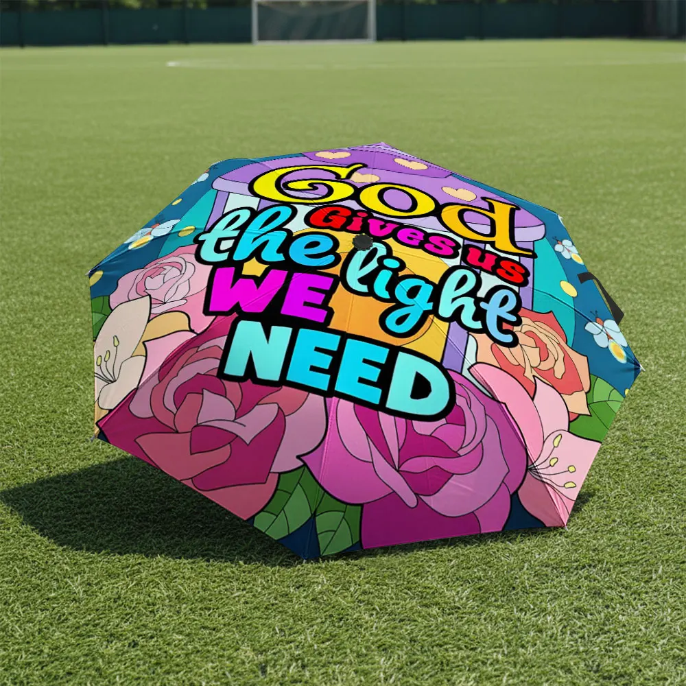 1P C Colorful Umbrella with Inspiring Words and Floral Prints Print 8 Iron Ribs Folding Umbrella Auto-Open Fashion Sunshade