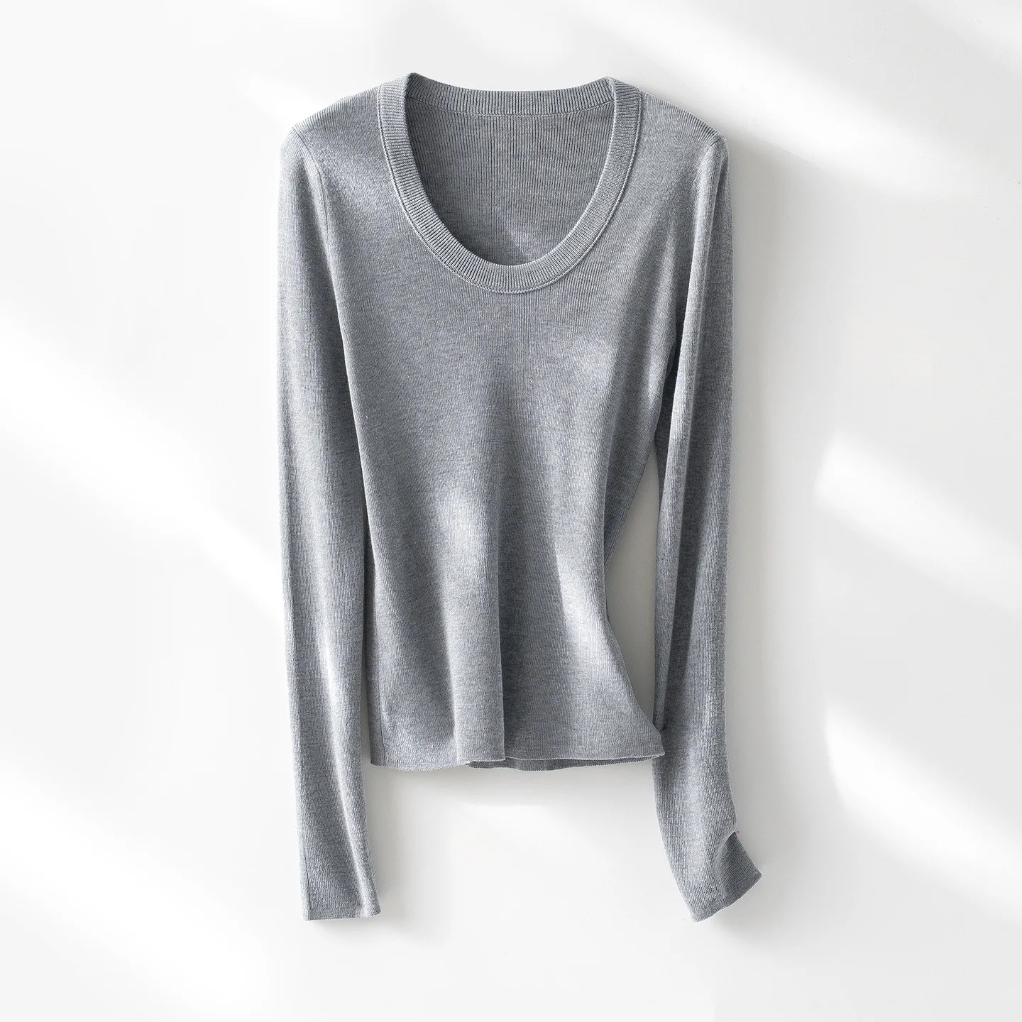 Women U Neck Wool Silk Blend Knit Long Sleeve Top Slim Fit Layering Base Top Autumn Thin Knit Sweater