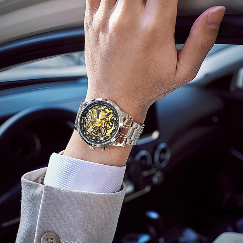 SKMEI, nuevos relojes de pulsera de lujo con tira de acero inoxidable para hombres, diseño de moda, relojes con movimiento de cuarzo, reloj impermeable de ocio 3Bar