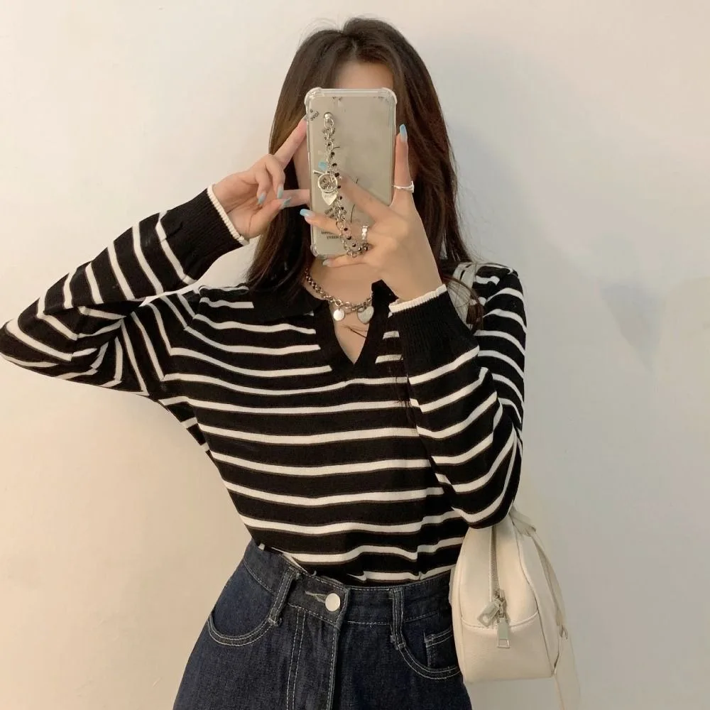 

Элегантный топ с v-образным вырезом в полоску и длинными рукавами, тонкий облегающий трикотаж в стиле пэчворк Y2k, пуловер с лацканами, футболка в полоску, женская