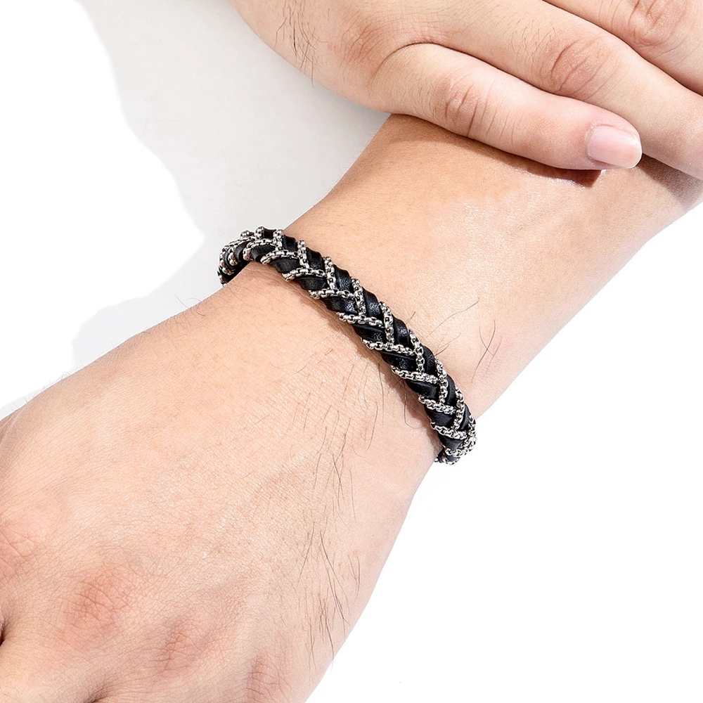 XQNI Woven Leather Bracelet Rope Wrap Special Style Classic Stainless Steel Men\'s Leather Magnetic Clasp Charm Bangles Gift