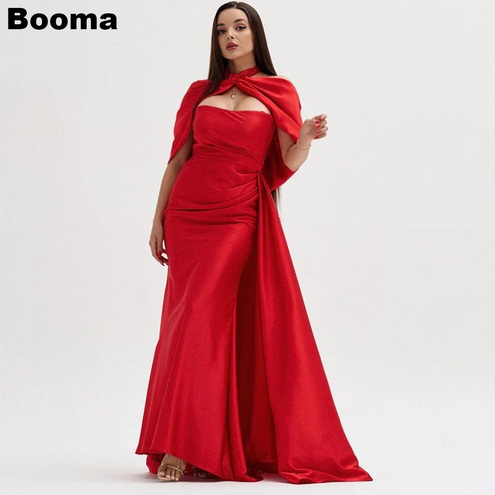 

Booma Red Mermaid Elegant Evening Dresses Halter Stain Party Prom Gowns with Cape Floor Length Formal Occasion Dresses Dubai