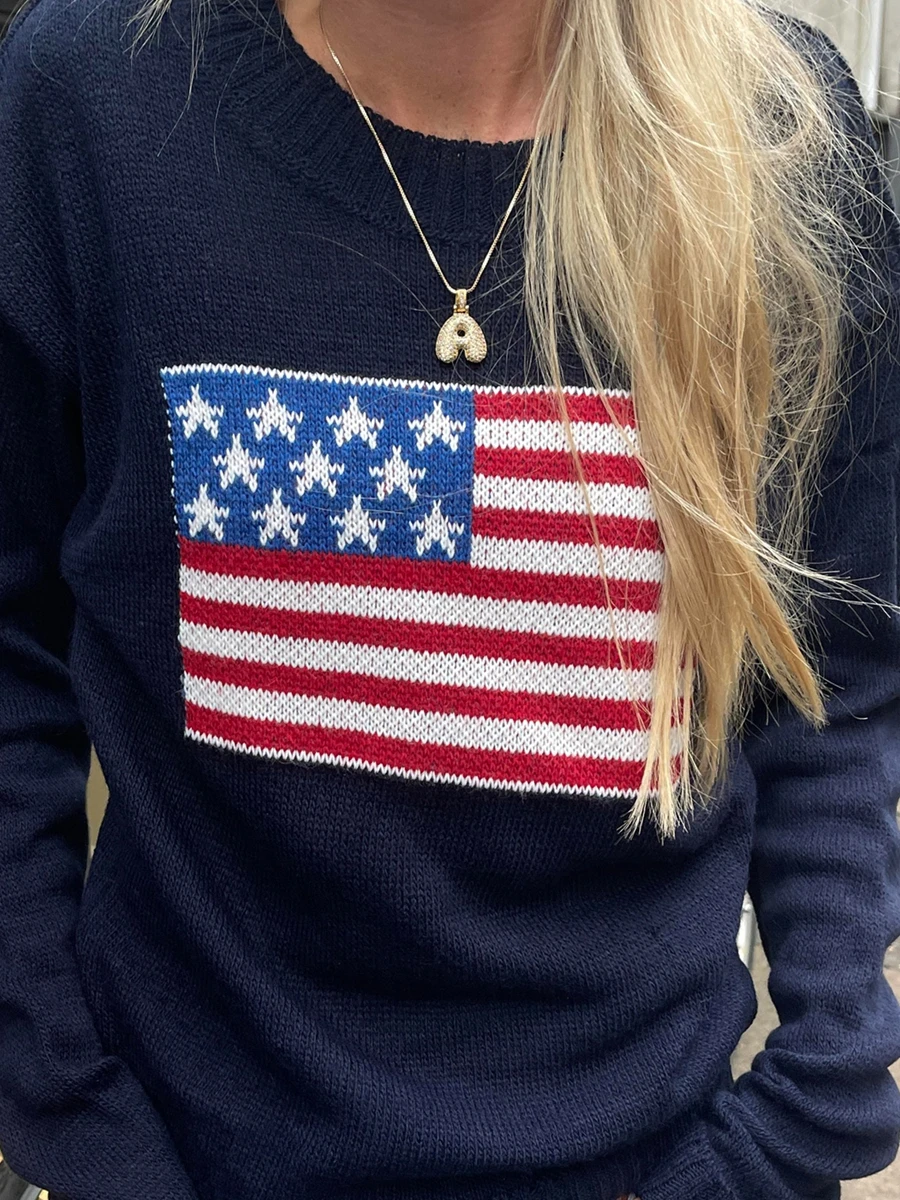 New Fashion Womens Autumn Loose Knit Tops America Flag Print Long Sleeve Round Neck Sweaters Knitwear Hot Sale S M L