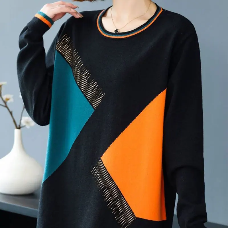 Female Clothing Casual Geometric Spliced Jumpers Autumn Winter O-Neck Korean Loose Basic Fashion Diamonds Knitted Midi Sweaters