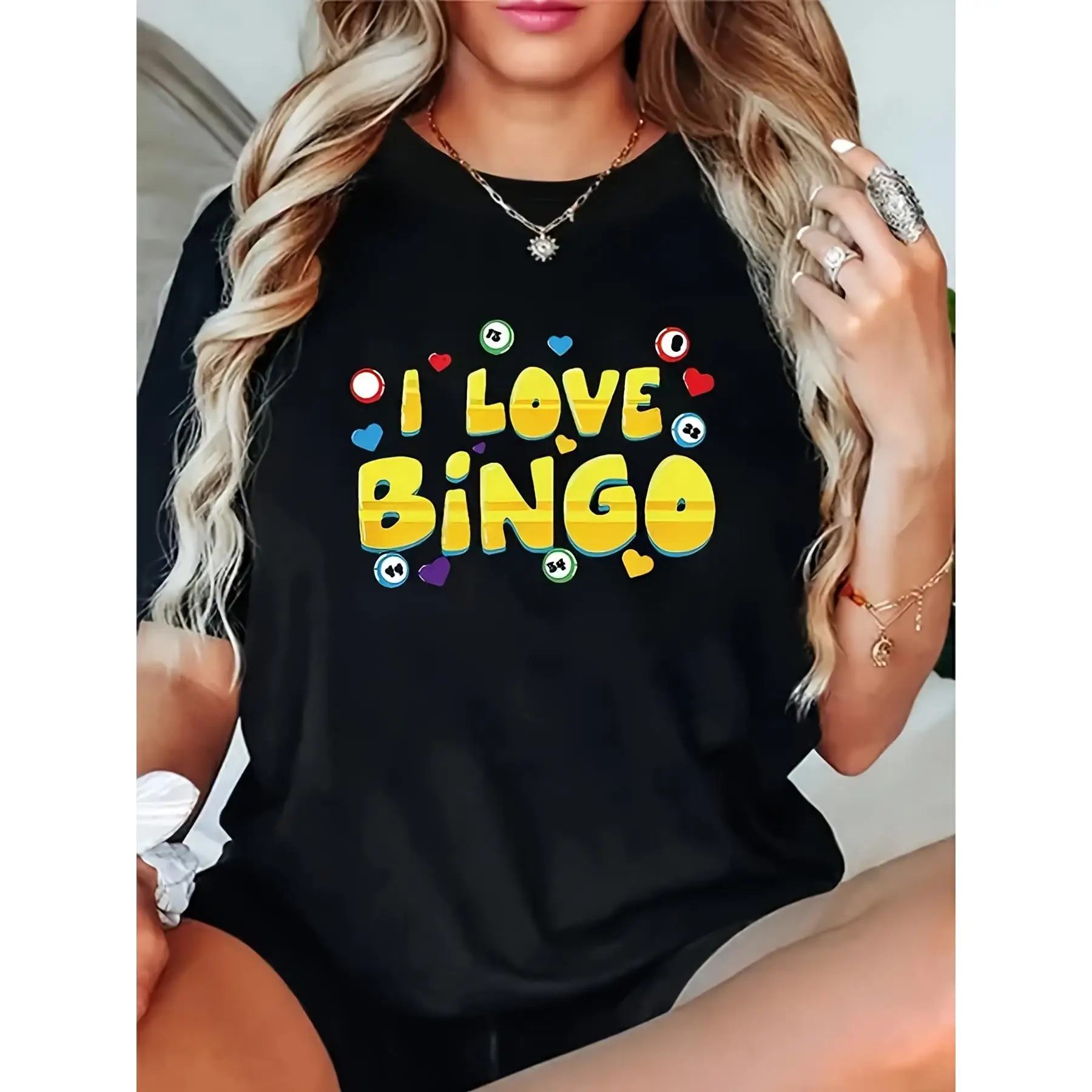 

Women's "I Love Bingo" Graphic T-Shirt - Colorful Bingo Ball & Heart Design, Soft Breathable Fabric, Relaxed Fit Casual Round