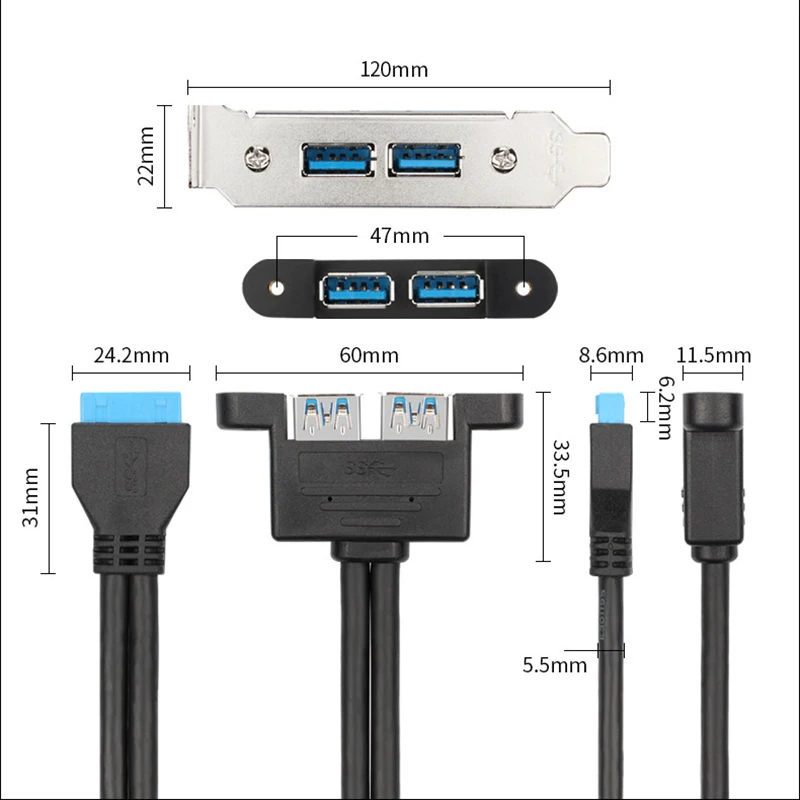 2 Ports USB 3.0 Female Back Panel to MB 20pin Header Connector Cable Adapter with PCI Slot Plate Bracket 1.5ft