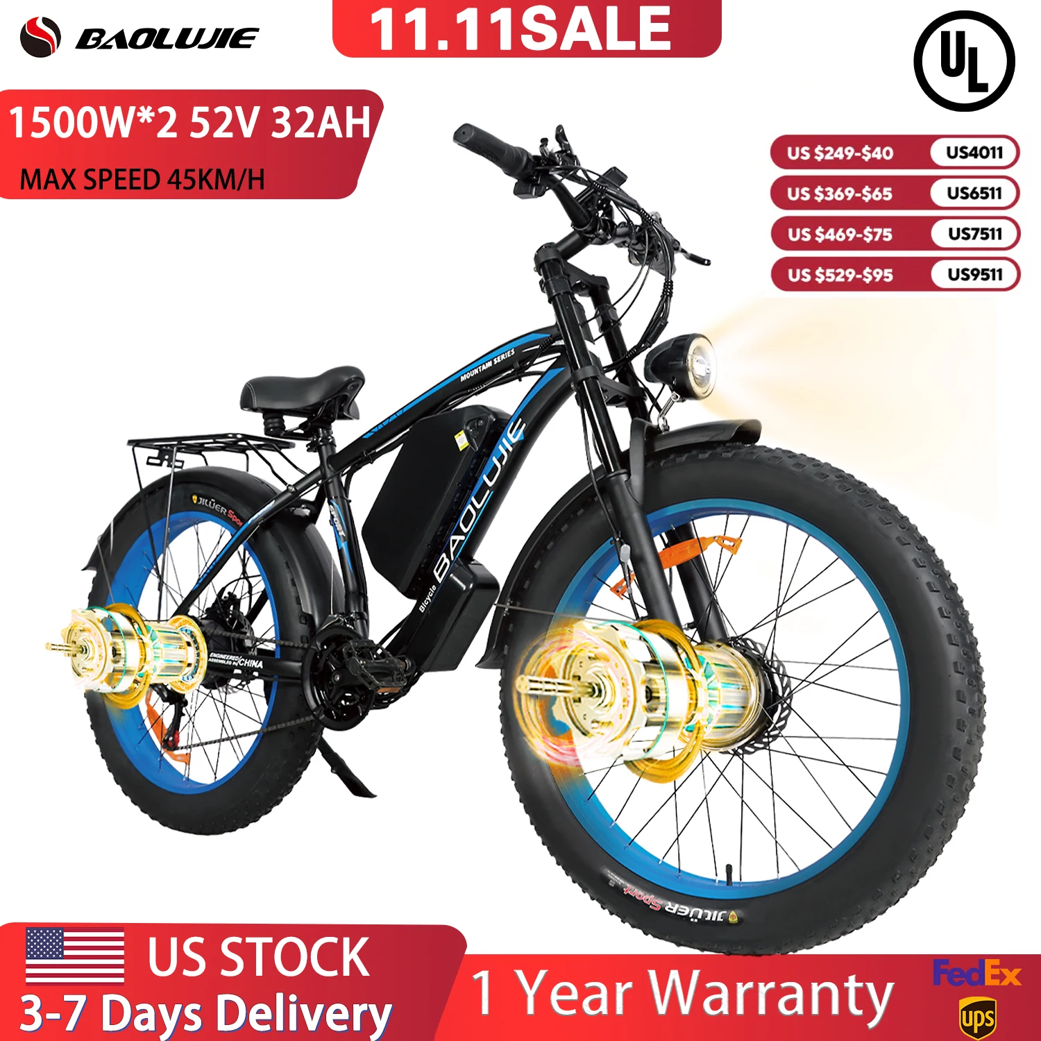 

【1 Year Warranty】BAOLUJIE 2602 Electric Bicycle for Adults 3000W&2000W Dual-Motor E-bike 26*4 Inch Fat Tire 55KM/H Electric Bike